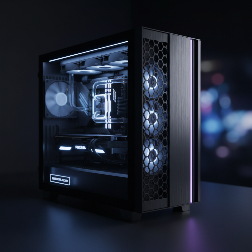 Torre de ordenador gaming con iluminación LED blanca, sistema de refrigeración líquida personalizada y panel frontal con diseño de rejilla hexagonal.