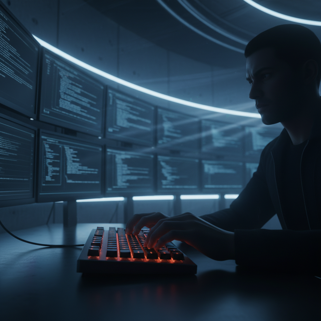 Programador trabajando en un entorno oscuro frente a múltiples monitores con código y teclado iluminado.