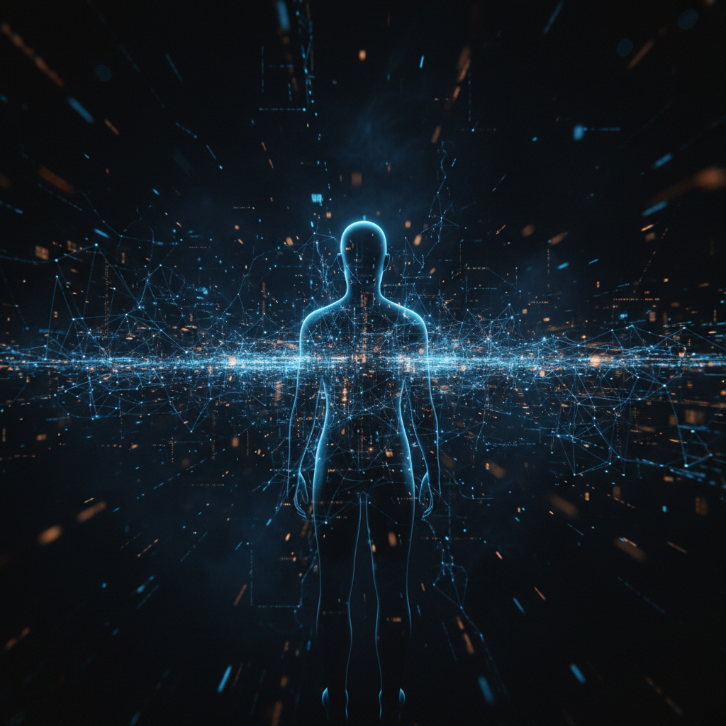 Silueta humana formada por una red de datos digitales sobre un fondo de conexiones cibernéticas.