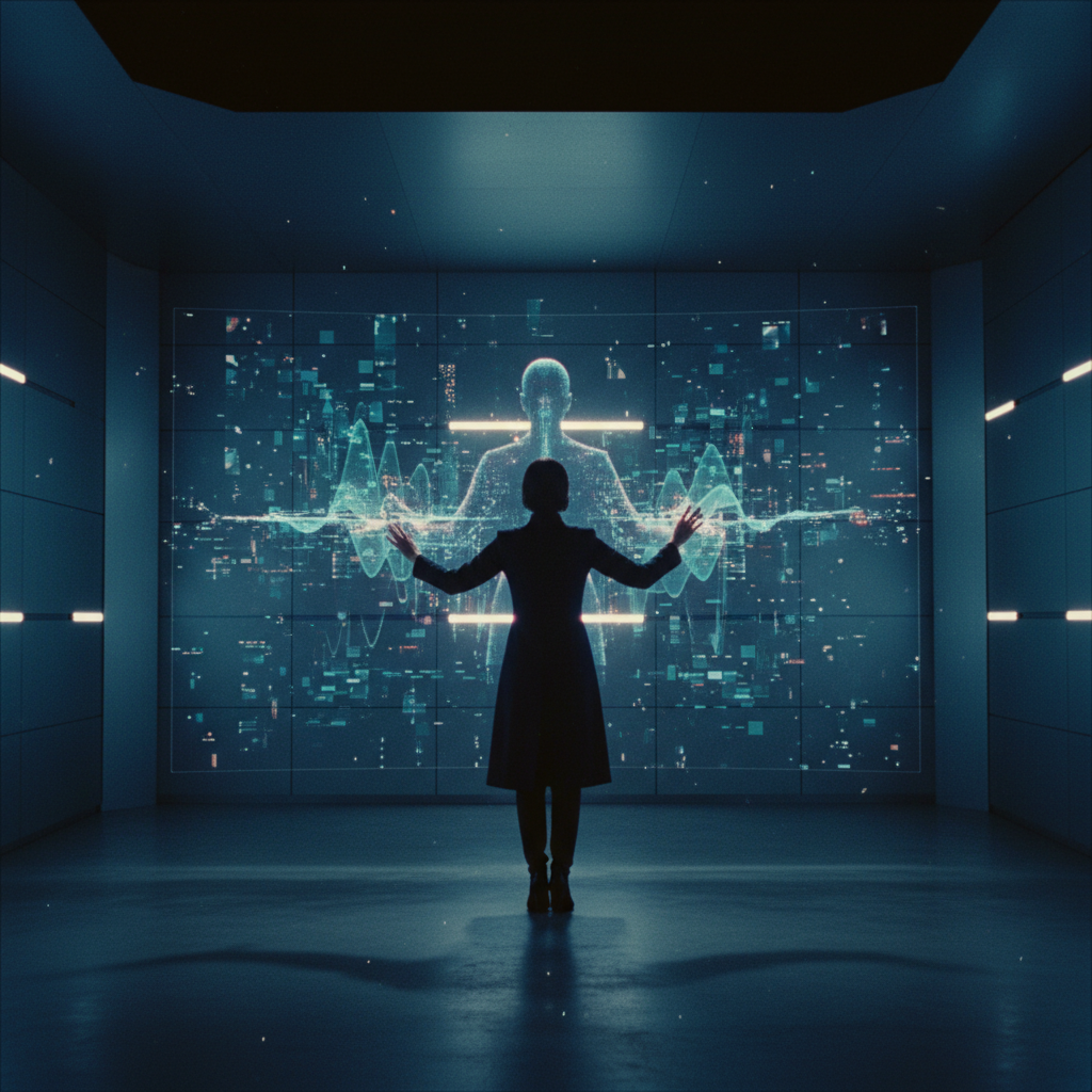 Persona de espaldas interactuando con una interfaz digital holográfica que muestra datos y una silueta humana en un entorno tecnológico.