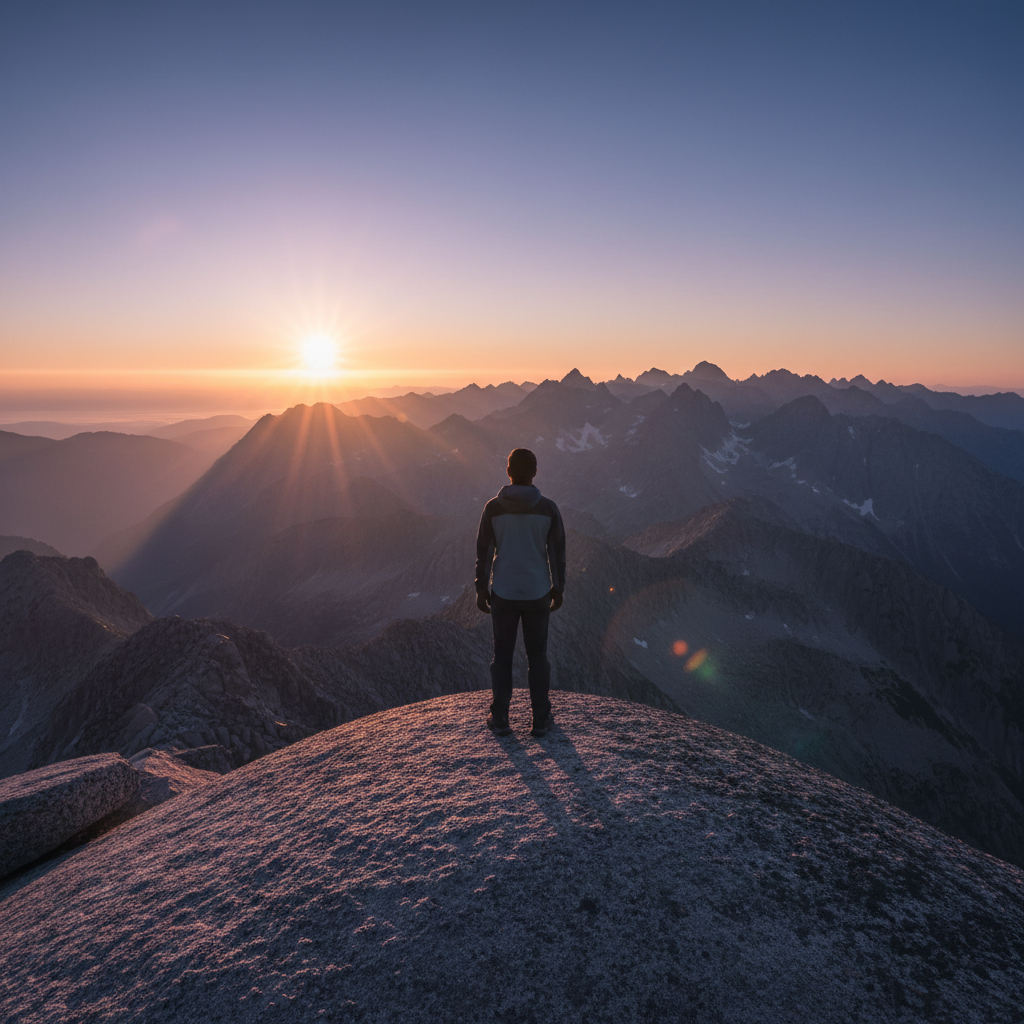 Persona de pie sobre la cima de una montaña observando el amanecer sobre una cordillera.