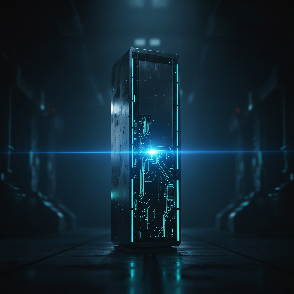 Un monolito tecnológico de aspecto futurista con circuitos brillantes y luz azul en un entorno industrial oscuro.