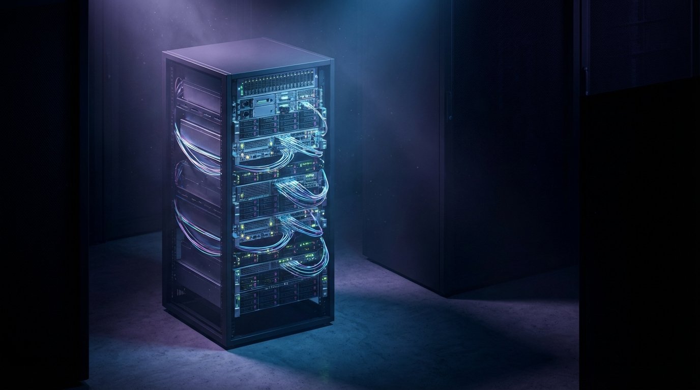 Rack de servidores con múltiples unidades, cables de red luminosos y luces indicadoras en un entorno de centro de datos oscuro, iluminado con tonos azules y púrpuras.