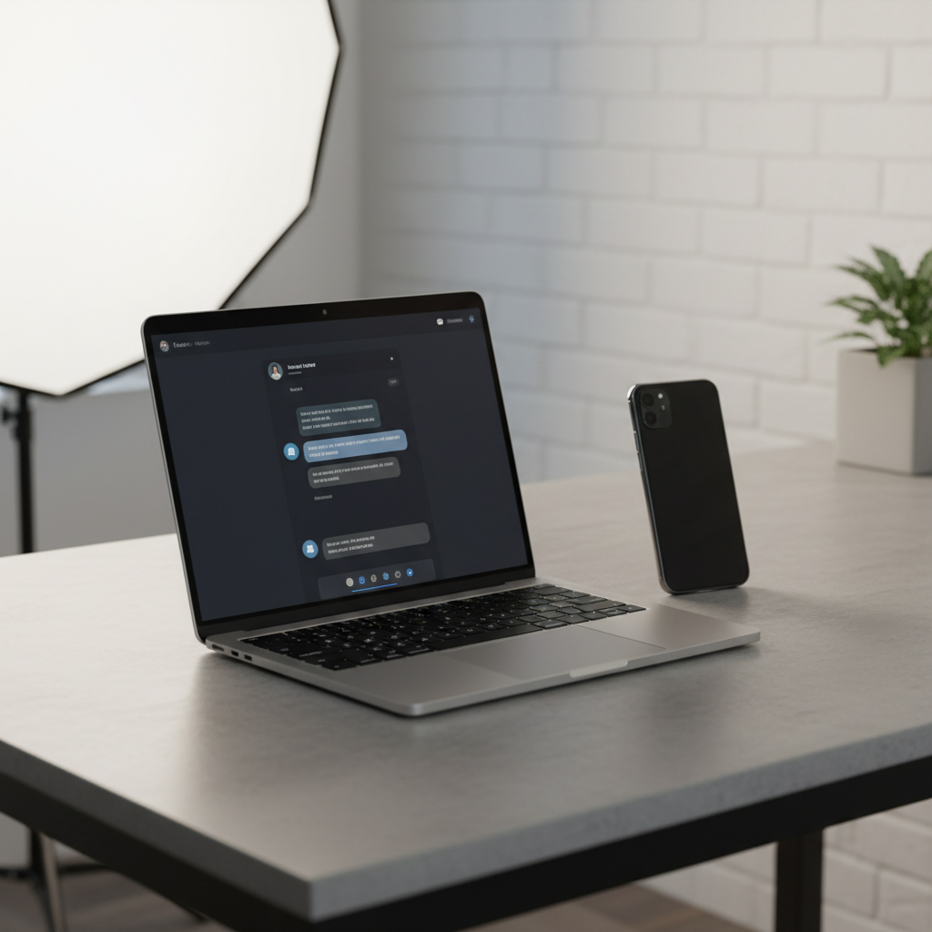 Computadora portátil abierta mostrando una interfaz de chat sobre una mesa de escritorio junto a un teléfono móvil.