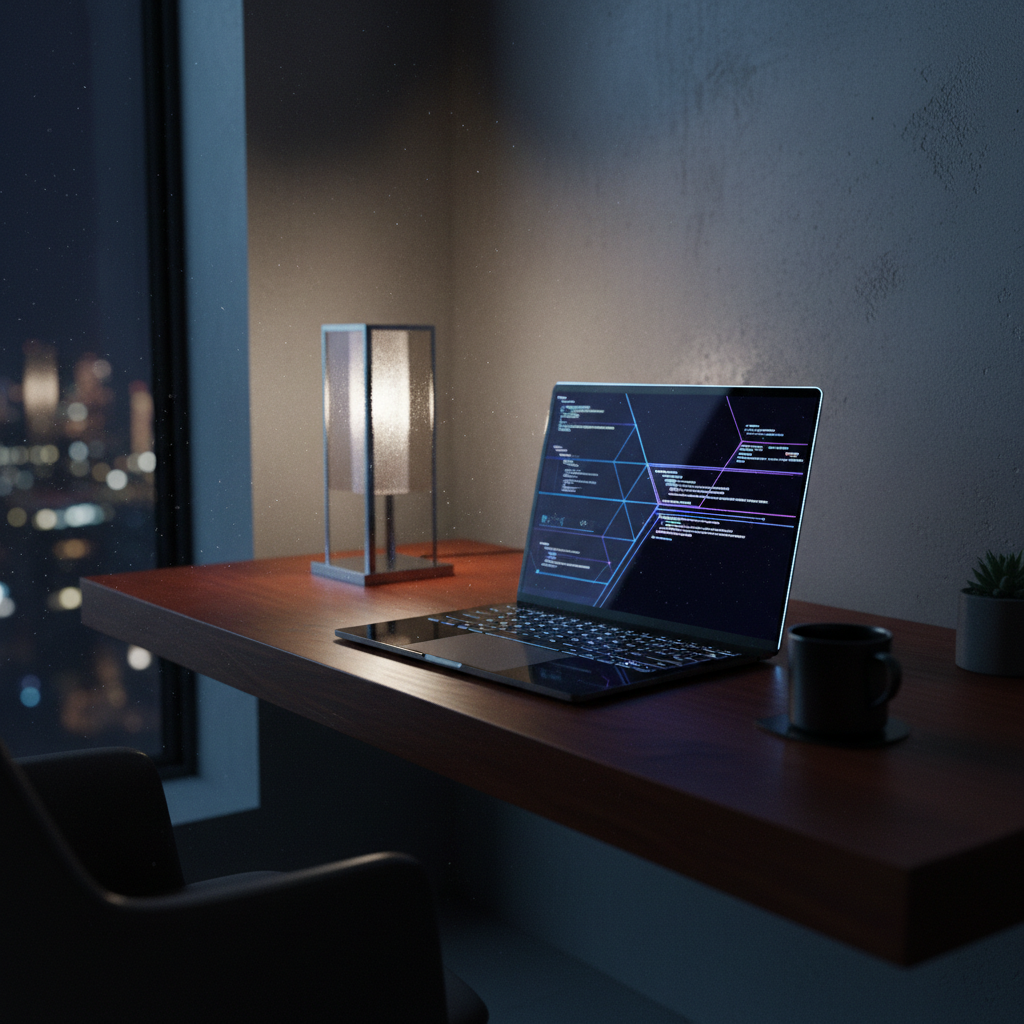 Portátil abierto sobre un escritorio de madera junto a una lámpara y una taza de café frente a un ventanal con luces de ciudad de noche.