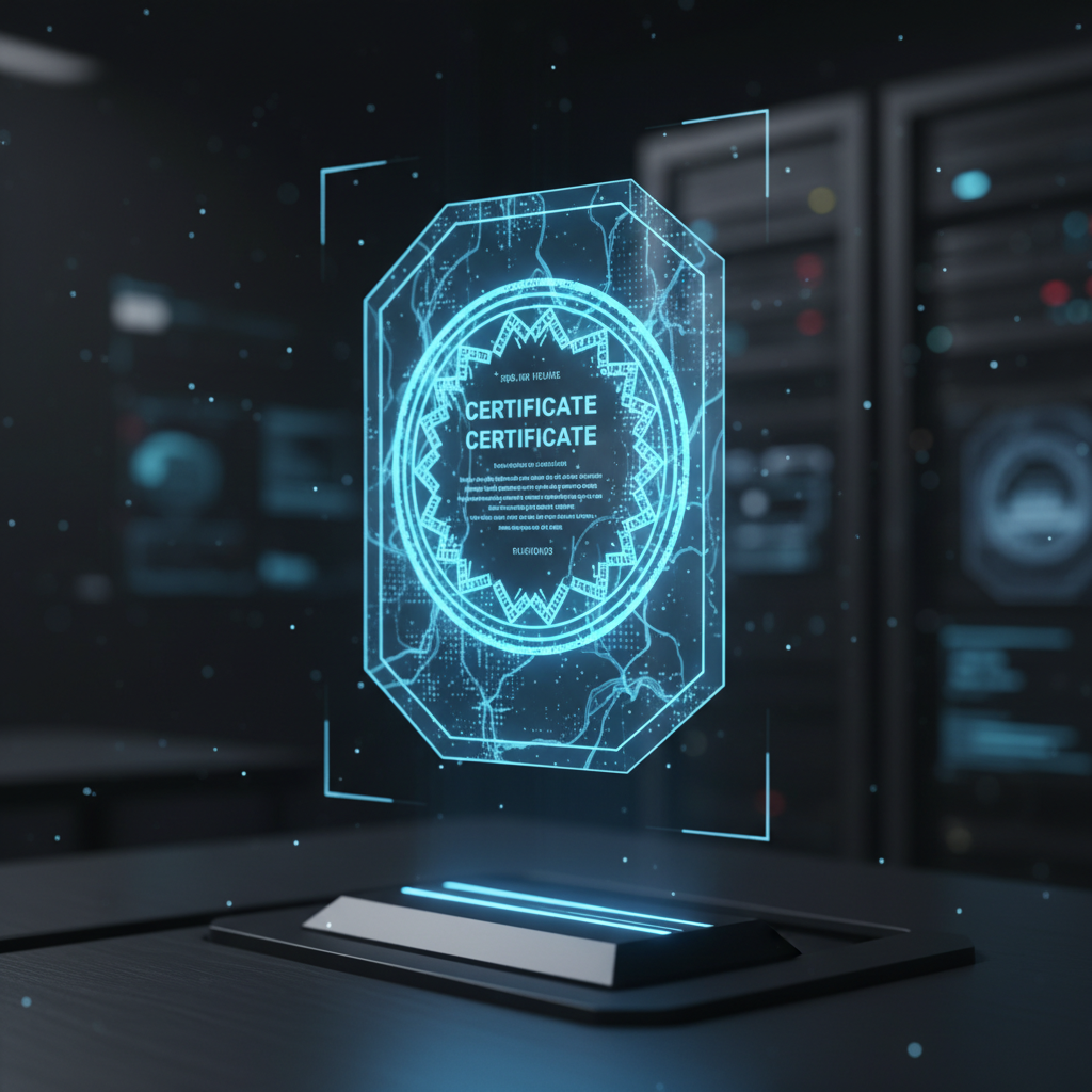 Holograma digital de un certificado de seguridad flotando sobre una base tecnológica en un centro de datos.