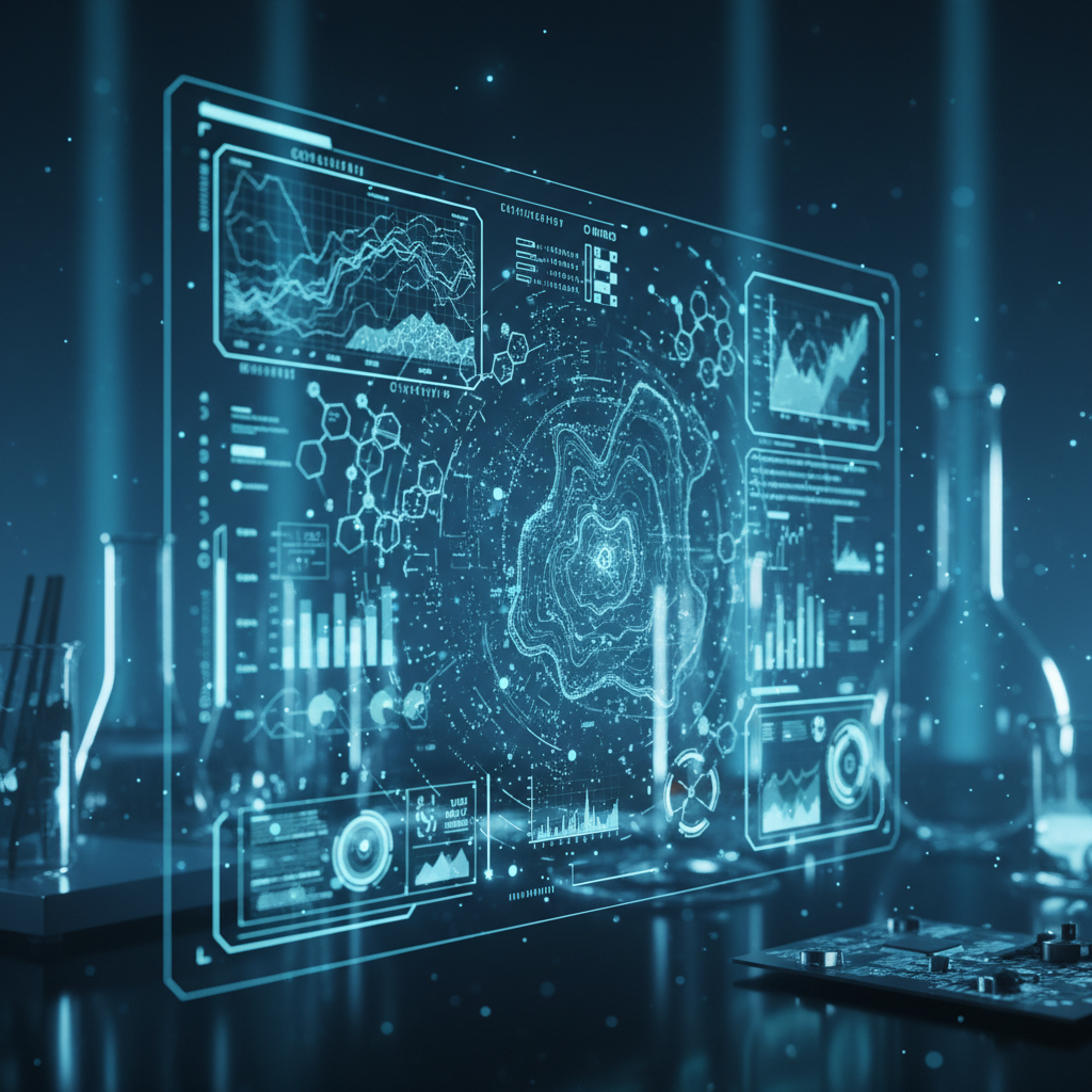 Pantalla holográfica con gráficos científicos, análisis de datos químicos y estructuras moleculares en un laboratorio.