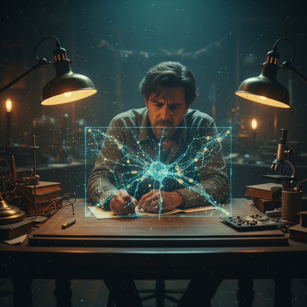 Un hombre trabajando en un escritorio antiguo examinando un holograma de una red neuronal brillante mientras toma notas.