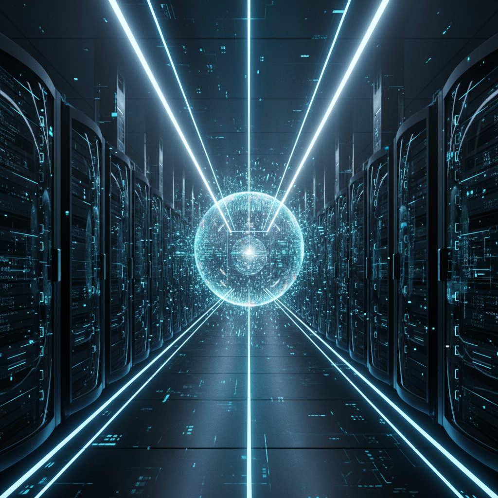 Pasillo de un centro de procesamiento de datos con servidores informáticos a ambos lados y una esfera de energía digital brillante en el centro.