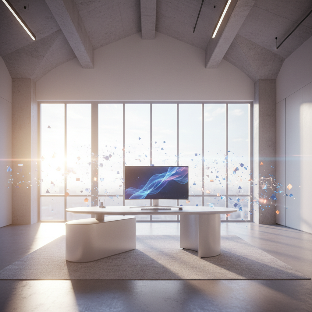 Escritorio de oficina moderno con un monitor central y efectos digitales flotantes frente a un gran ventanal.
