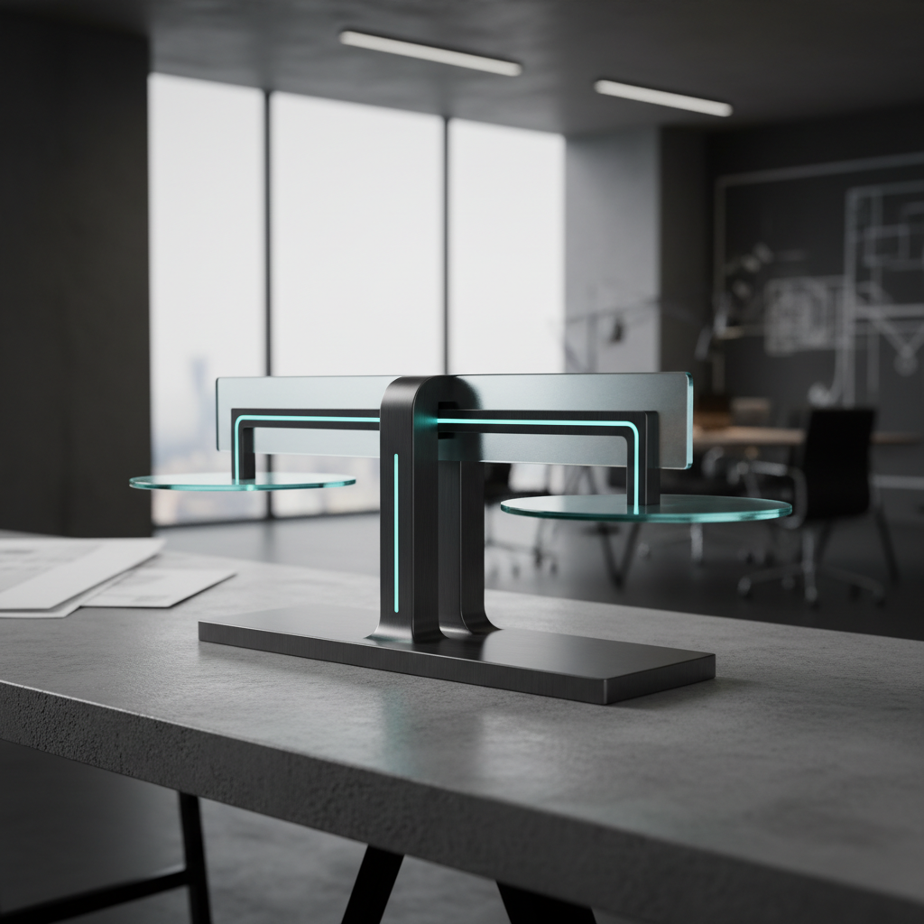 Balanza de escritorio moderna con iluminación LED azul y platos de cristal sobre una mesa de piedra en una oficina contemporánea.