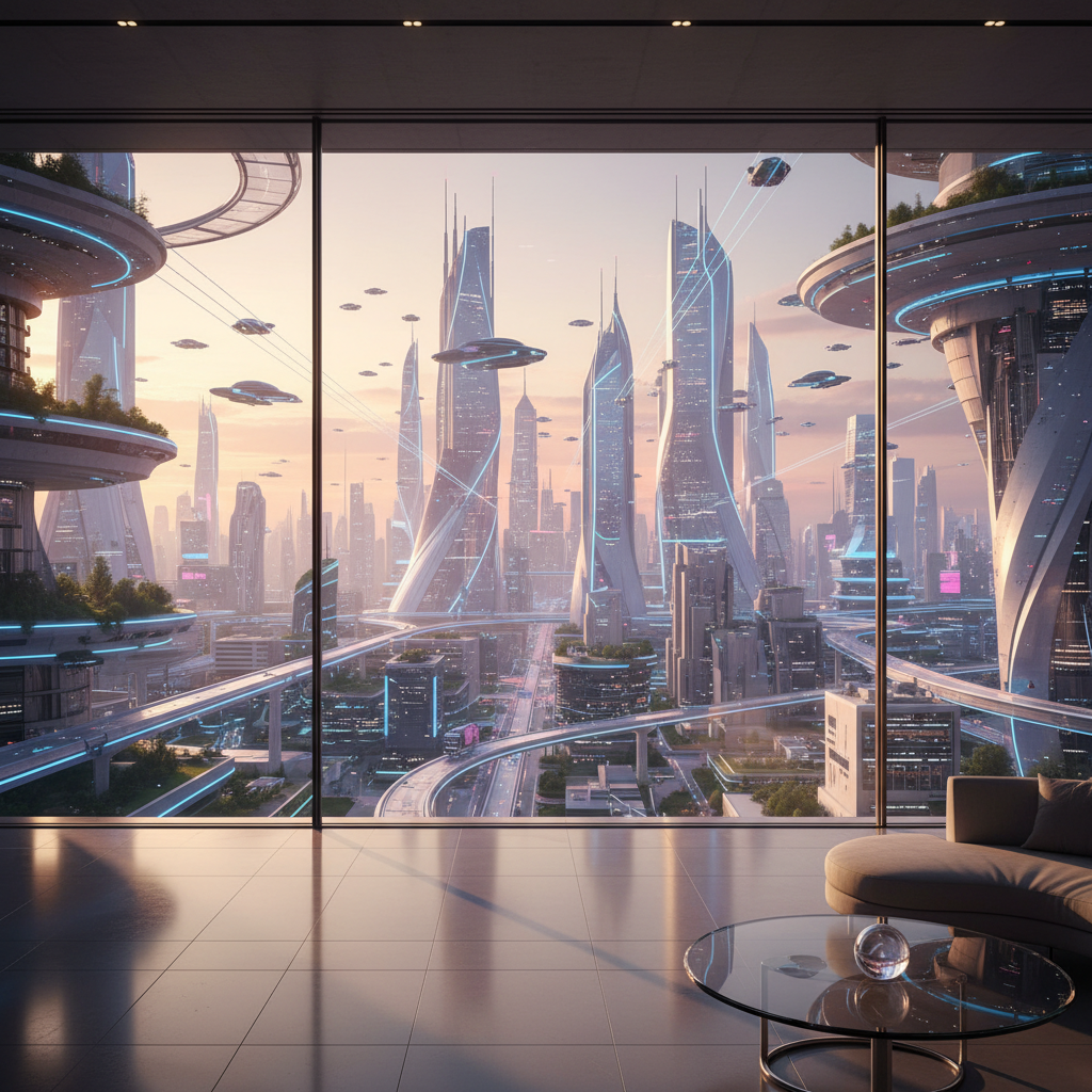 Vista desde un apartamento moderno hacia una ciudad futurista con rascacielos elevados, plataformas circulares con vegetación y vehículos voladores al atardecer.