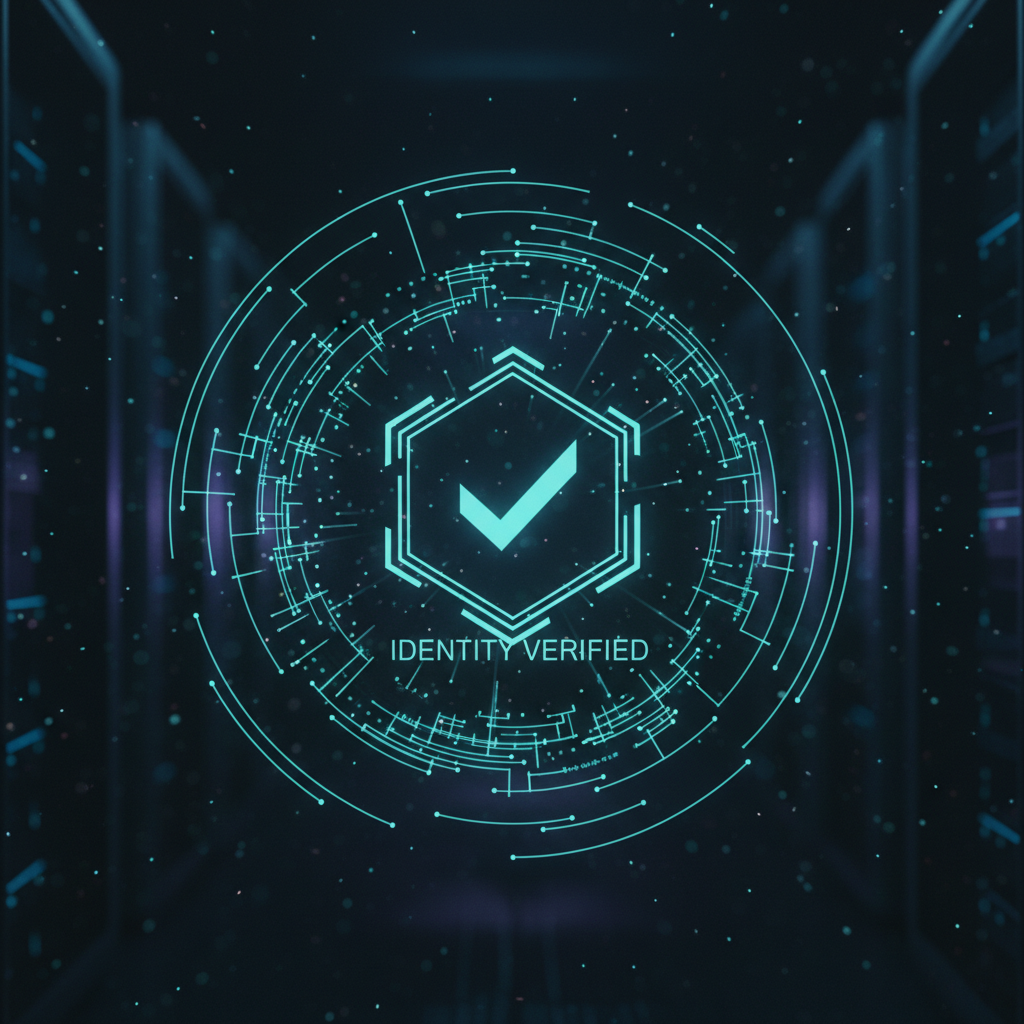 Un gráfico digital brillante con una marca de verificación dentro de un hexágono y anillos tecnológicos sobre un fondo de centro de datos, indicando que la identidad ha sido verificada.