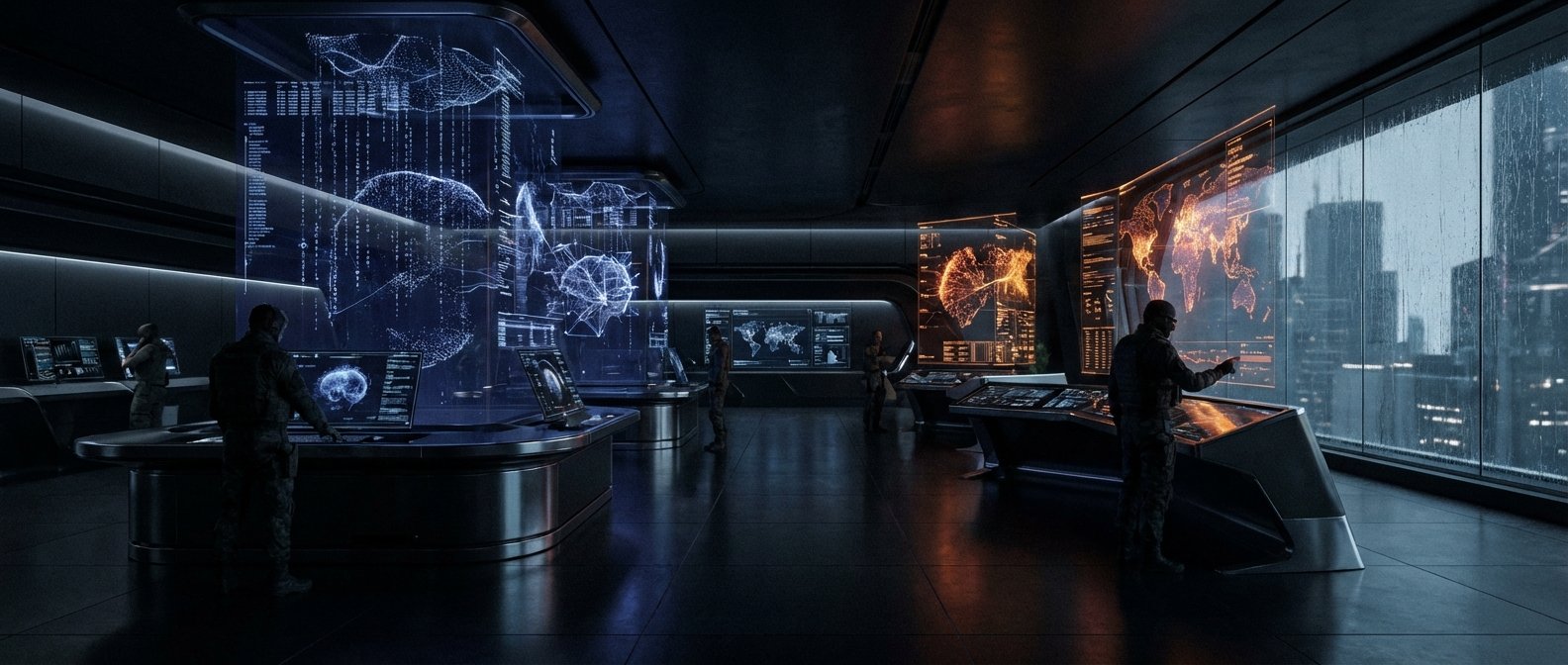 Sala de control futurista con varios operadores analizando datos en pantallas holográficas y displays táctiles. Se muestran mapas mundiales con actividad, redes de datos neuronales y código digital en tonos azules y anaranjados. Un operador interactúa con un gran mapa mundial frente a una ventana con vista a una ciudad lluviosa.