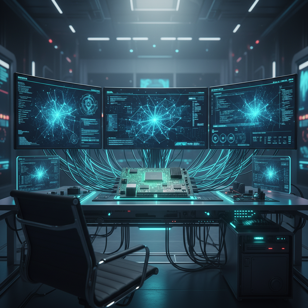 Estación de trabajo futurista con múltiples pantallas mostrando redes de datos conectadas a un procesador central.