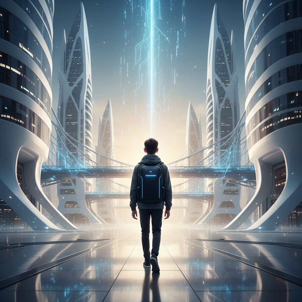 Un estudiante con mochila caminando por un camino futurista rodeado de rascacielos de alta tecnología y estructuras conectadas por puentes de luz.