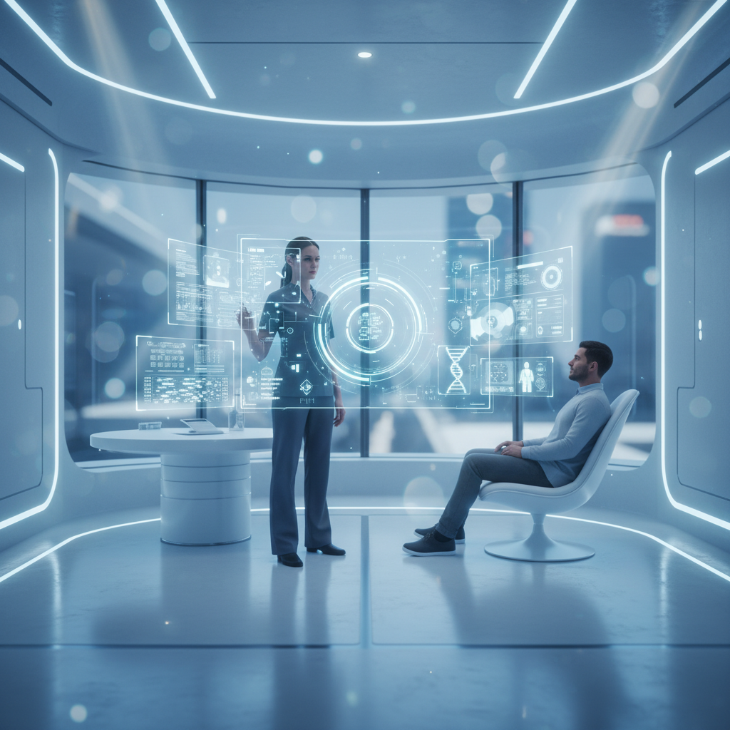 Profesional de salud analizando datos biométricos y genéticos en una interfaz holográfica frente a un paciente sentado en una clínica futurista.
