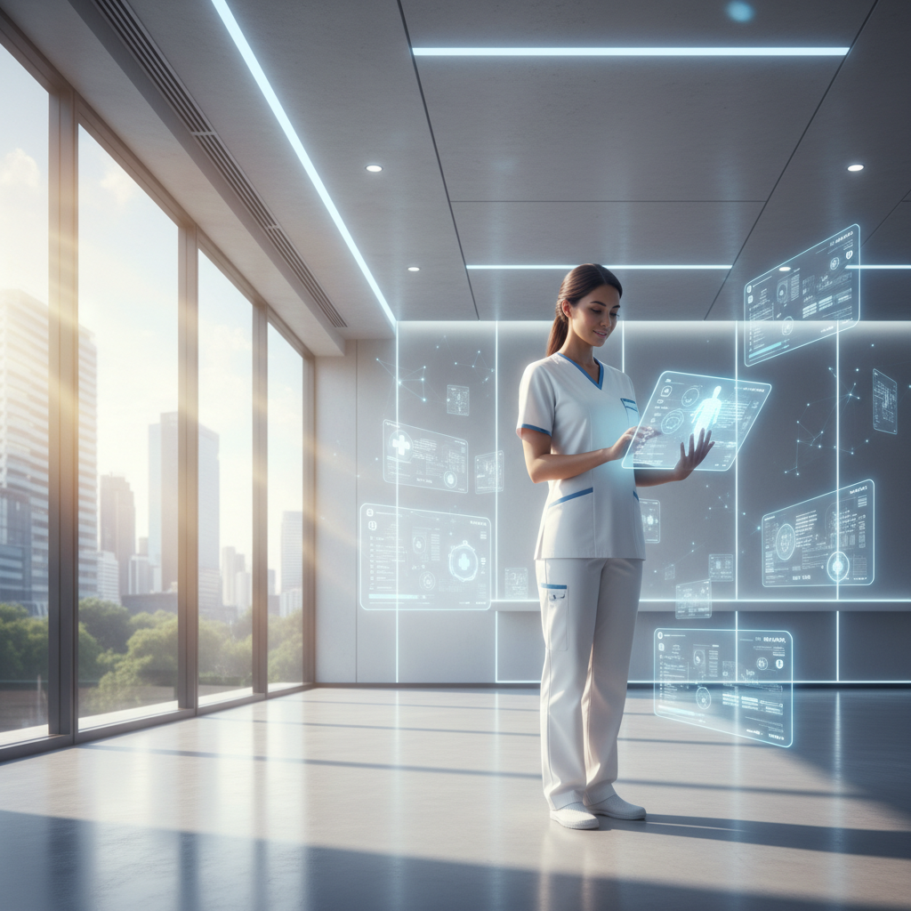 Personal sanitario interactuando con pantallas holográficas médicas en un entorno hospitalario moderno y luminoso.