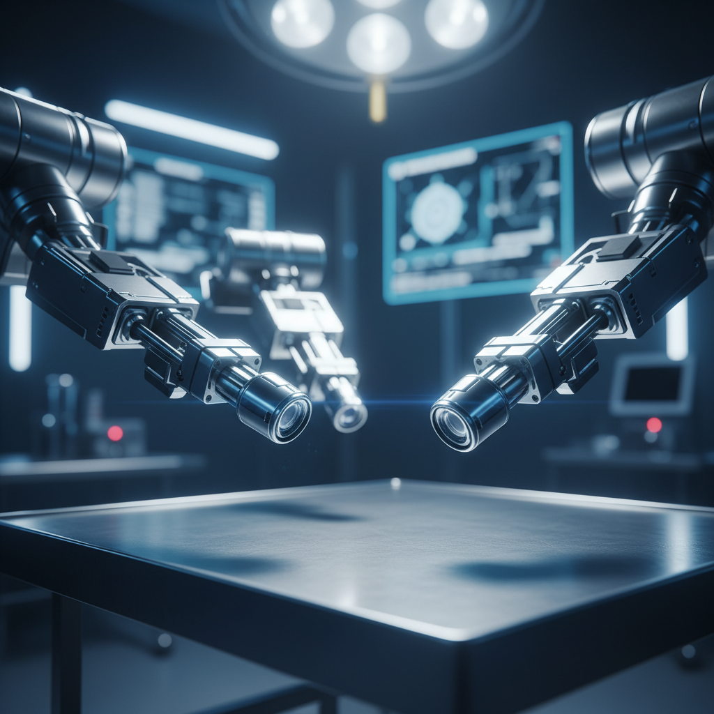 Brazos robóticos quirúrgicos avanzados operando en una mesa de quirófano con pantallas de monitoreo de fondo.