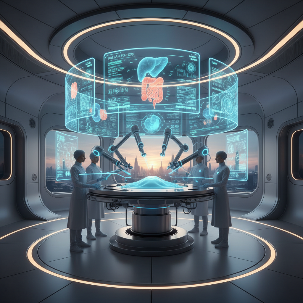 Equipo médico trabajando con brazos robóticos y pantallas holográficas que muestran órganos internos en una sala de operaciones futurista.