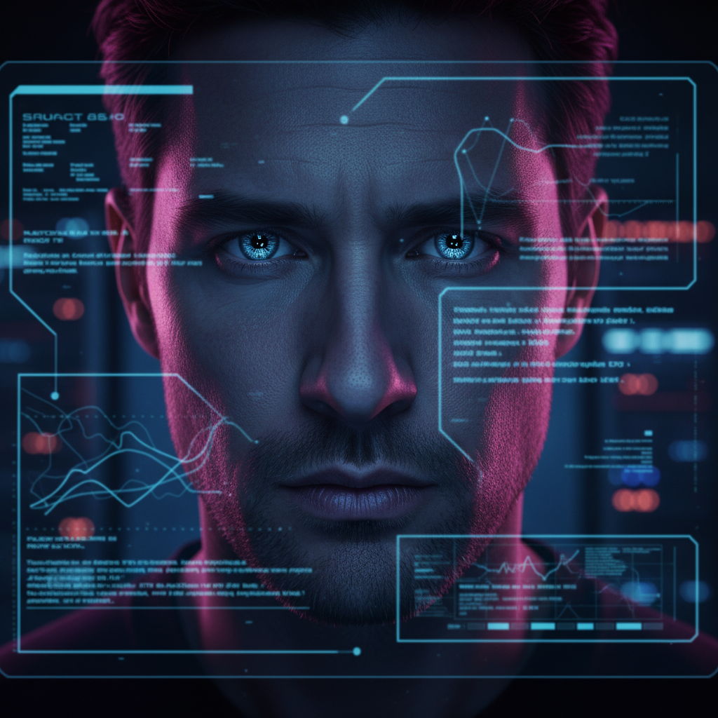 Primer plano de un hombre mirando fijamente mientras está rodeado por interfaces digitales holográficas con datos y gráficos.