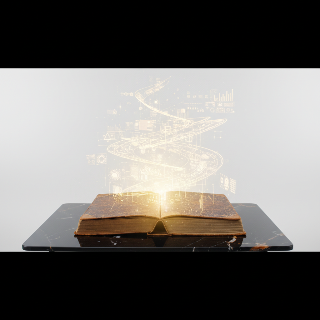 Un libro antiguo abierto sobre una superficie de mármol negro con una proyección holográfica brillante de datos y gráficos flotando sobre sus páginas.