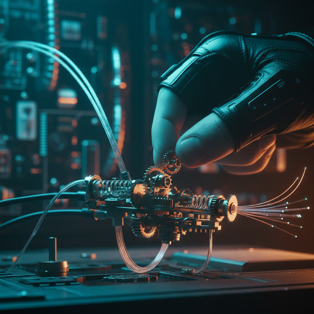 Mano con guante táctico técnico ajustando un pequeño engranaje en un mecanismo complejo con fibras ópticas y componentes electrónicos.