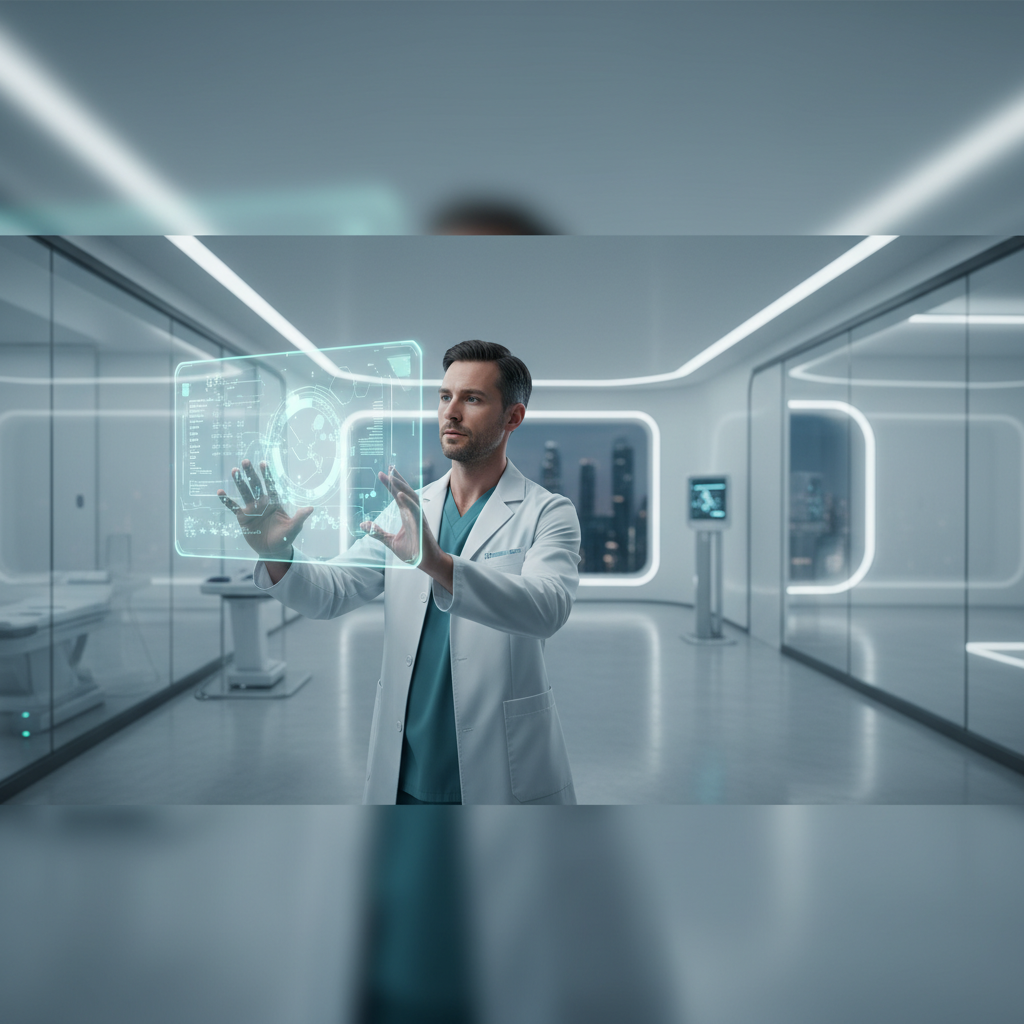 Un médico con bata blanca interactúa con una interfaz holográfica digital en un laboratorio clínico moderno.