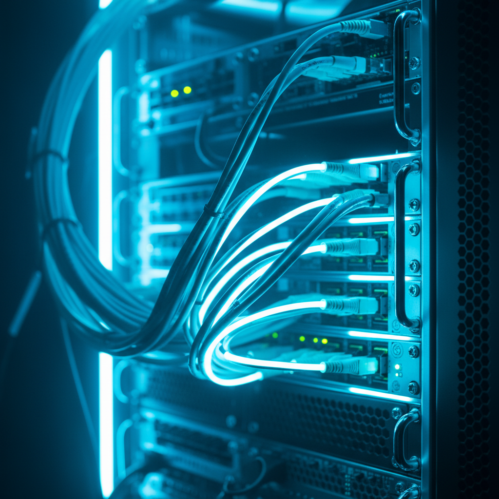Cables de red conectados a servidores en un rack de centro de datos iluminado con luces LED azules.