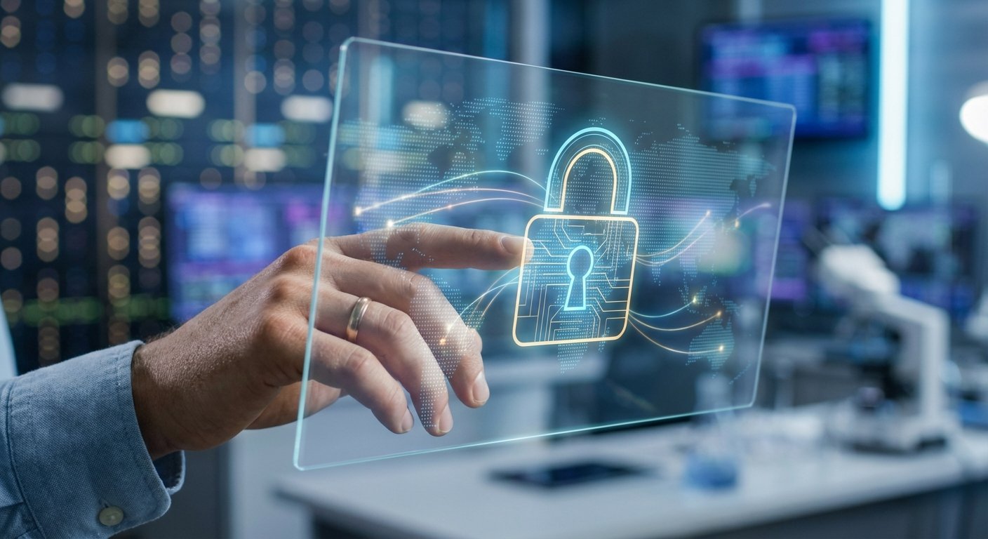 Mano de una persona con un anillo interactuando con una pantalla transparente que muestra un icono de candado de seguridad digital y un mapa mundial con líneas de conexión de datos.