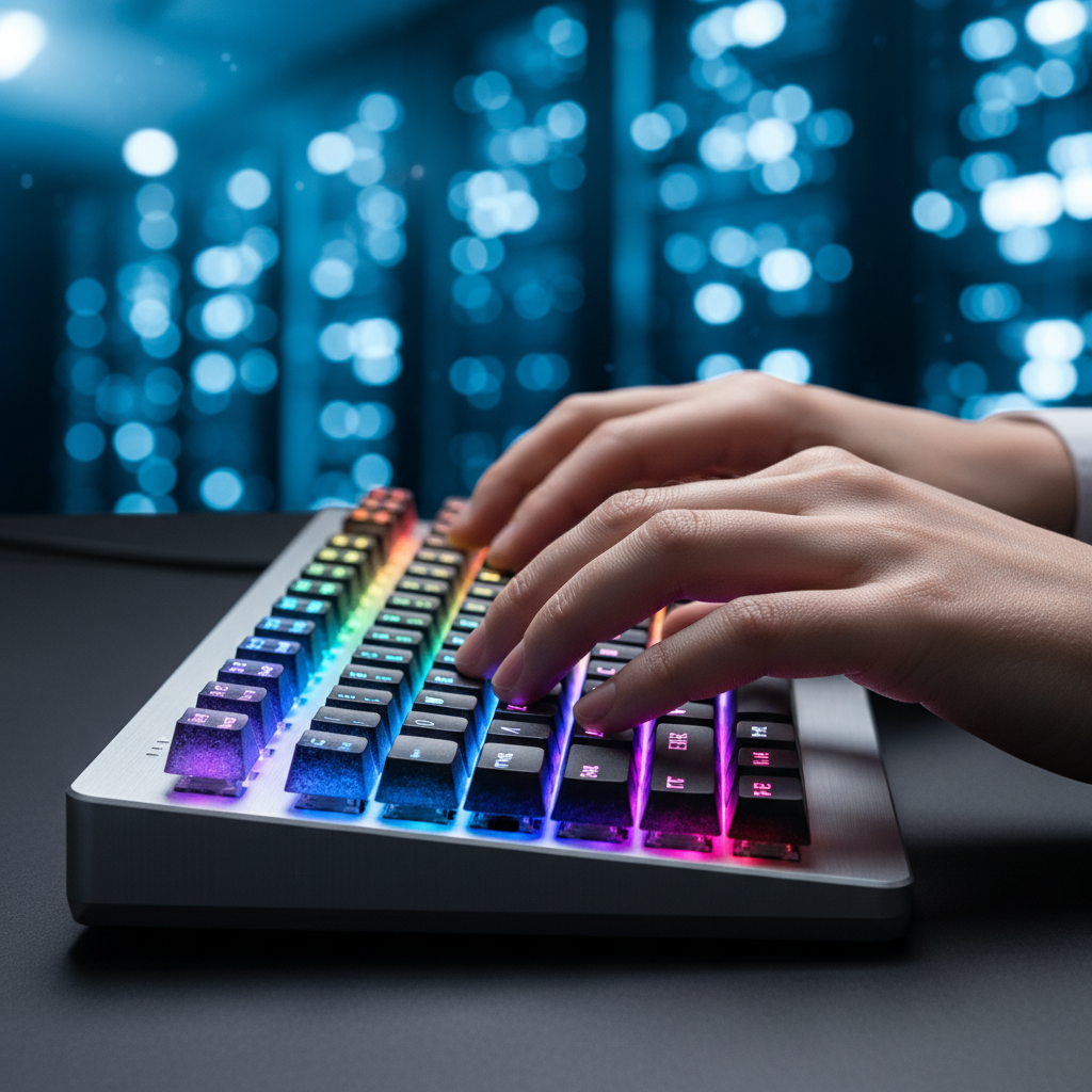 Manos escribiendo sobre un teclado mecánico con iluminación RGB frente a un fondo desenfocado de servidores.