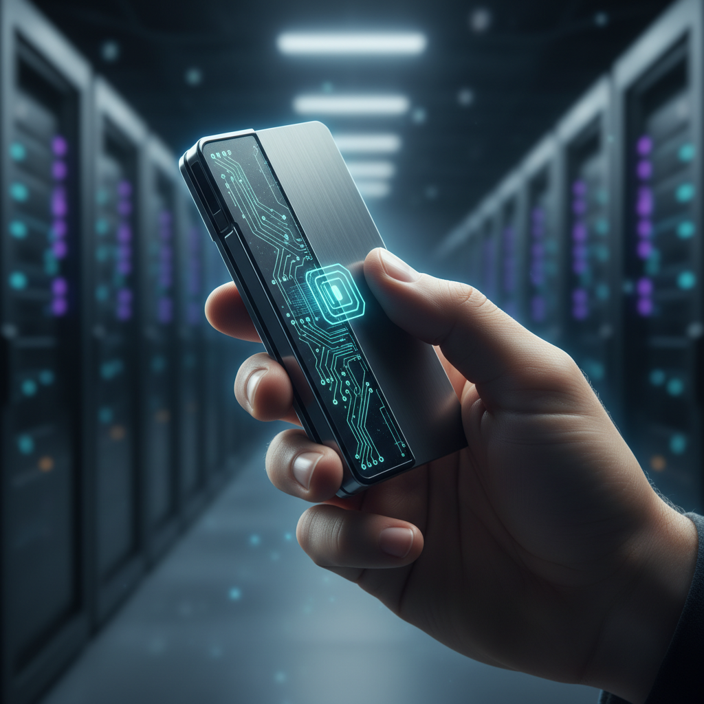 Mano sosteniendo un dispositivo tecnológico rectangular con un diseño de circuitos integrados brillantes en un centro de datos.