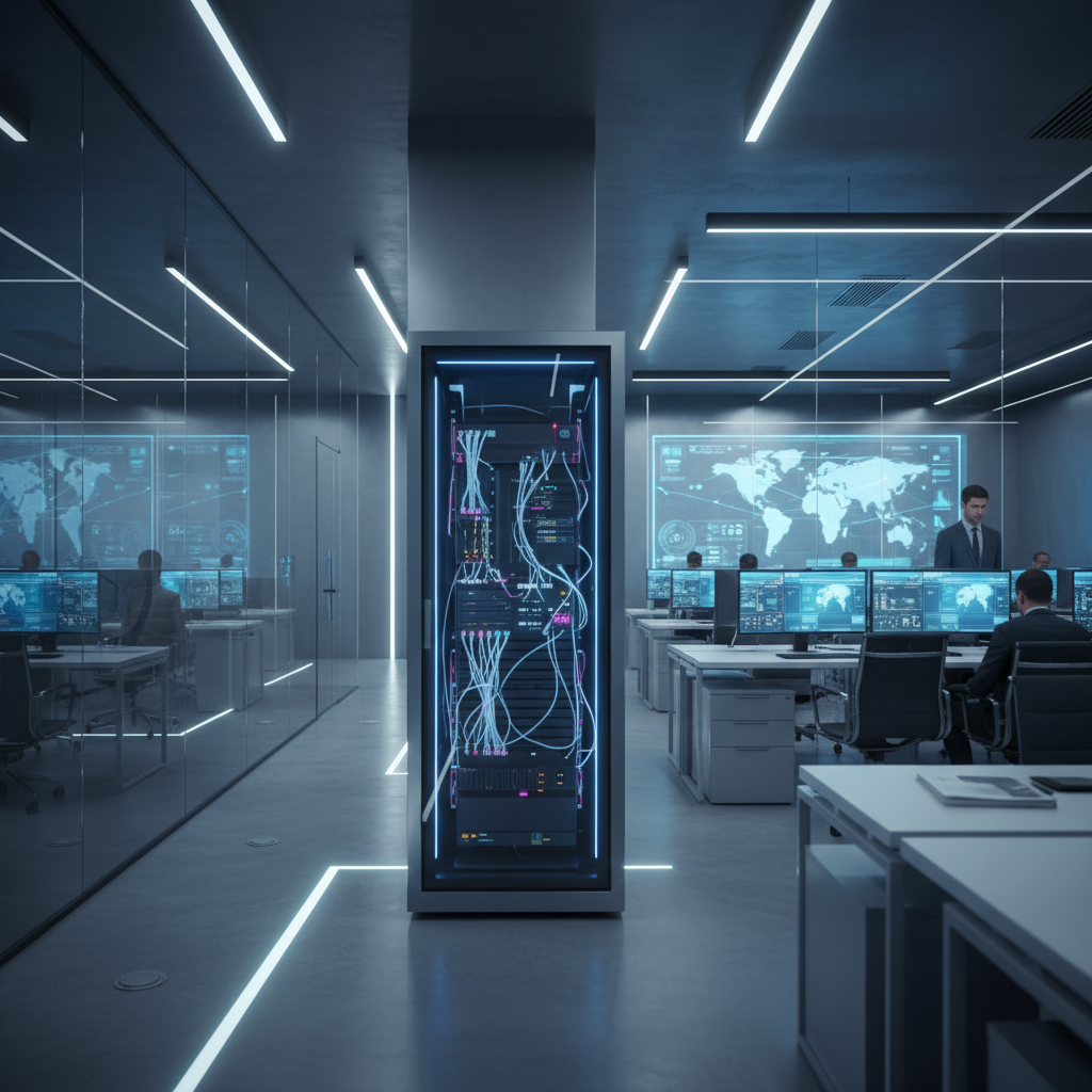 Centro de operaciones moderno con un servidor central iluminado y profesionales analizando datos en monitores con mapas mundiales.
