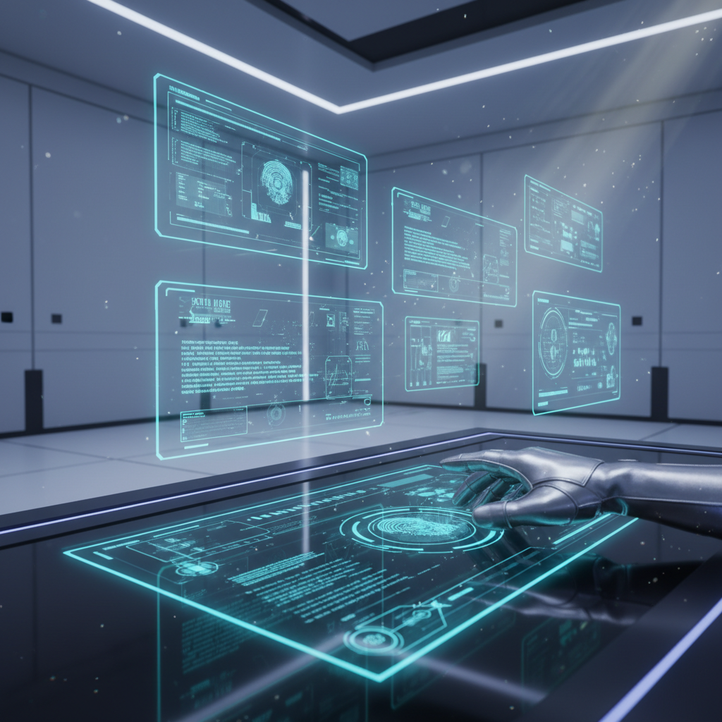 Una mano robótica interactúa con una interfaz holográfica táctil en una sala de alta tecnología con múltiples paneles de datos digitales flotantes.