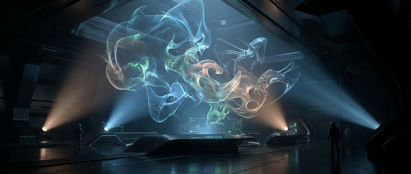 Gran sala de control futurista con una proyección holográfica de formas abstractas y fluidas en tonos azules y verdes. Varias personas con trajes espaciales observan la escena desde consolas iluminadas.