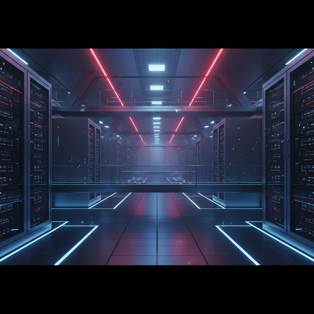 Pasillo de un centro de procesamiento de datos con servidores informáticos, luces de neón azules y rojas y pasarelas metálicas.