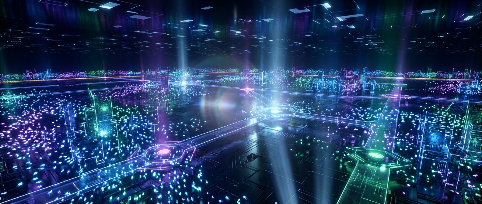 Un paisaje urbano digital futurista con edificios translúcidos iluminados en neón y caminos que brillan como circuitos. Puntos de luz en tonos azules, púrpuras y verdes se extienden por el suelo, mientras que rayos de luz verticales se elevan hacia un cielo oscuro con patrones luminosos.