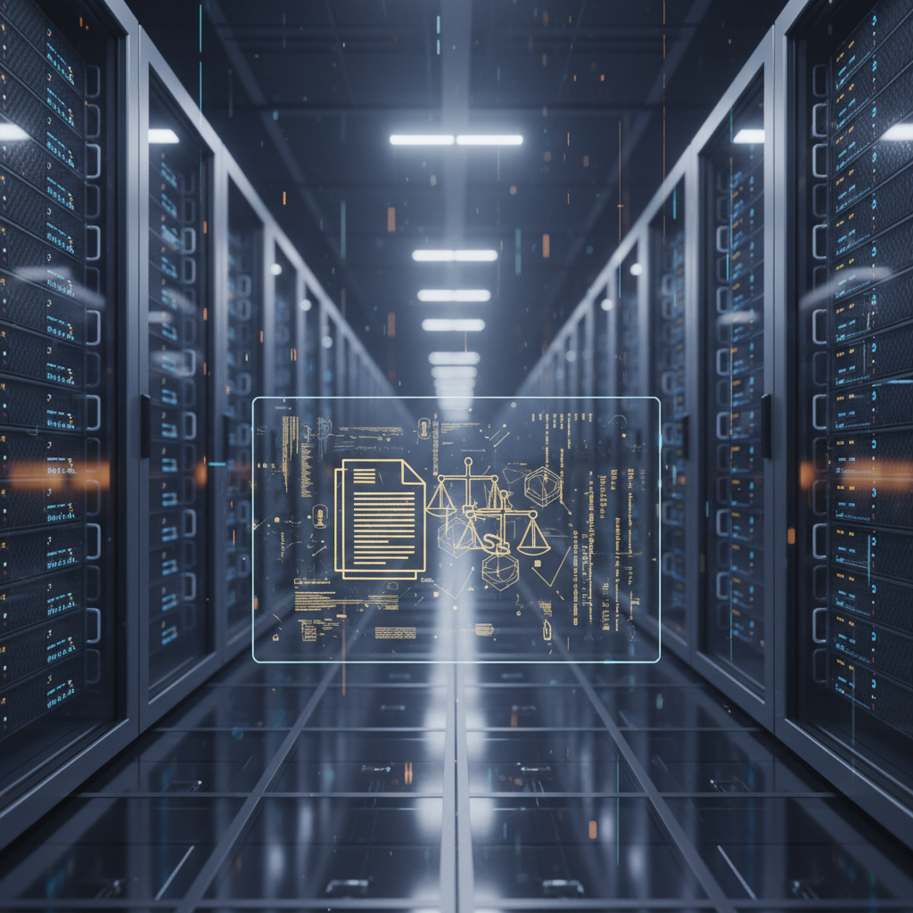 Centro de datos con servidores informáticos y un gráfico digital flotante con iconos de documentos y una balanza de justicia.