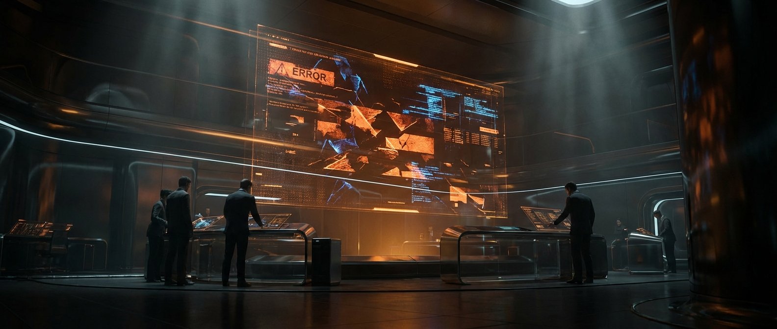 Varios hombres en trajes en un centro de control futurista, observando una gran pantalla holográfica transparente que muestra un mensaje de 'ERROR' con gráficos fragmentados naranjas y azules, y líneas de código.