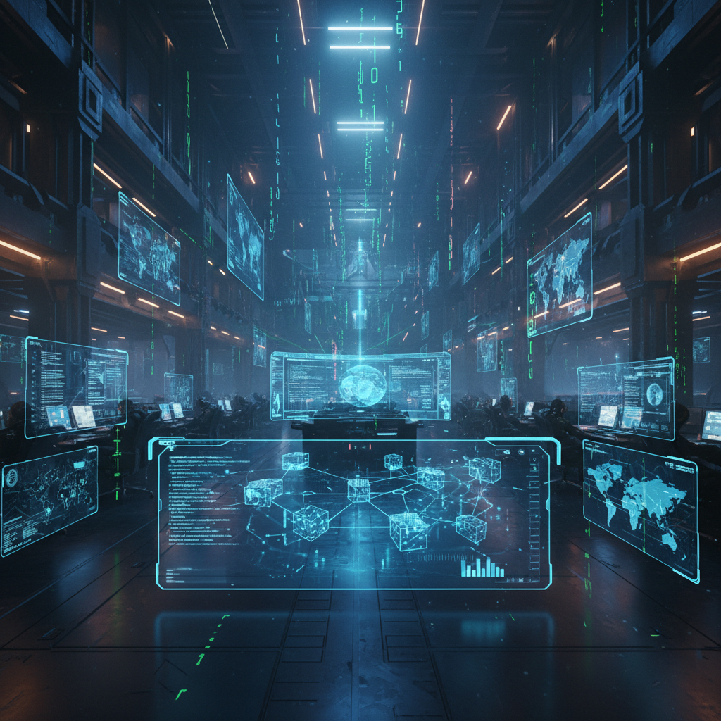 Centro de operaciones futurista con pantallas holográficas que muestran datos digitales, mapas mundiales y redes de información.