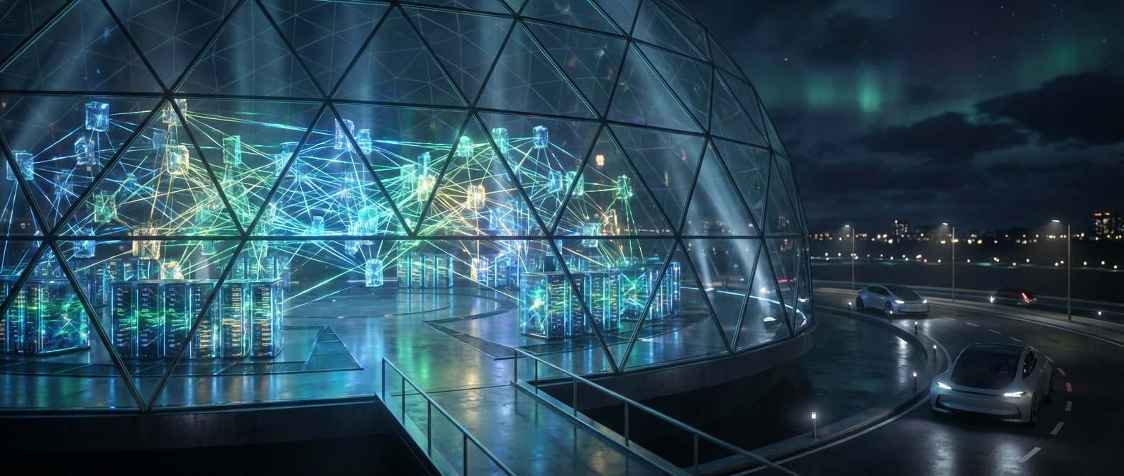 Un gran domo geodésico de cristal y metal alberga un centro de datos futurista con servidores que emiten luces azules, verdes y amarillas, formando una red interconectada. En el exterior, coches modernos transitan por una carretera iluminada de noche, bajo un cielo oscuro con una aurora boreal visible y un horizonte urbano.