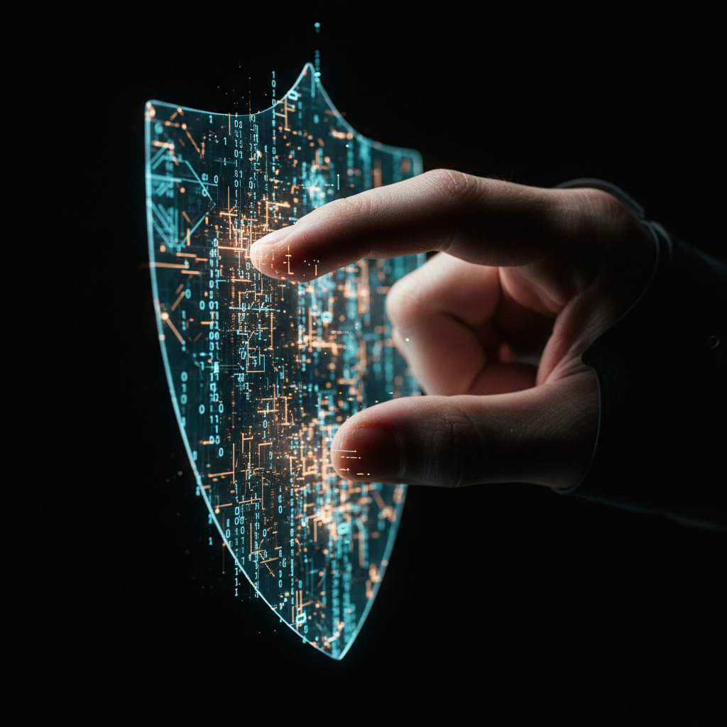 Mano humana tocando un escudo digital holográfico con datos binarios y circuitos.