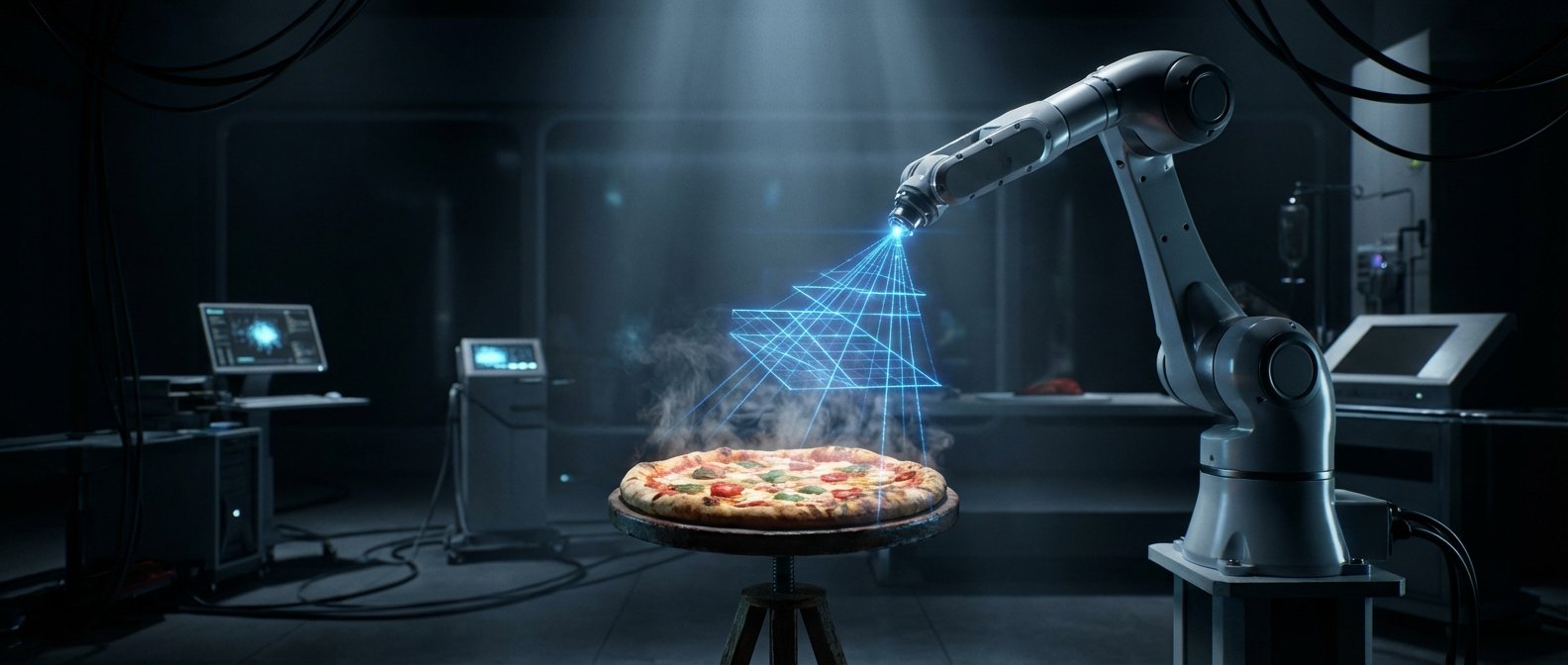 Un brazo robótico de alta tecnología proyecta una rejilla de luz láser azul sobre una pizza caliente y humeante, que está colocada sobre un taburete de madera. La escena transcurre en un laboratorio oscuro con computadoras y otros equipos tecnológicos en segundo plano.