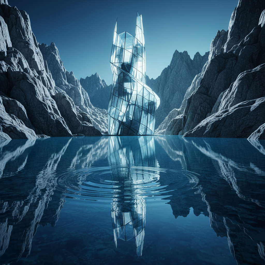 Estructura arquitectónica moderna de cristal con forma geométrica rodeada por montañas rocosas junto a un lago tranquilo con reflejos.