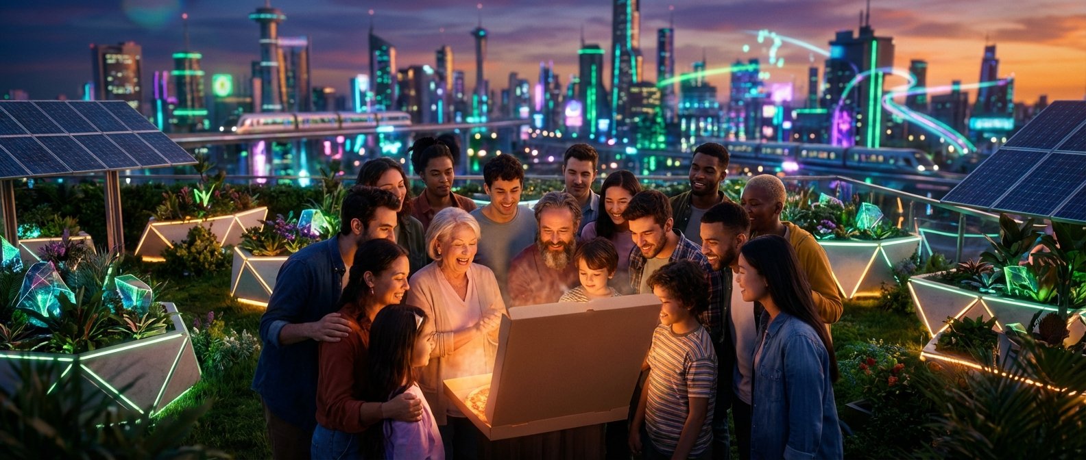 Un grupo diverso y multigeneracional de personas (adultos y niños) se reúne en un jardín moderno en una azotea al anochecer, mirando con expresiones de asombro y alegría una caja de pizza abierta que emite una luz cálida. La azotea cuenta con paneles solares, jardineras geométricas iluminadas con plantas y cristales brillantes. Al fondo se observa una ciudad futurista con rascacielos iluminados con luces de neón de colores y un tren elevado en movimiento.