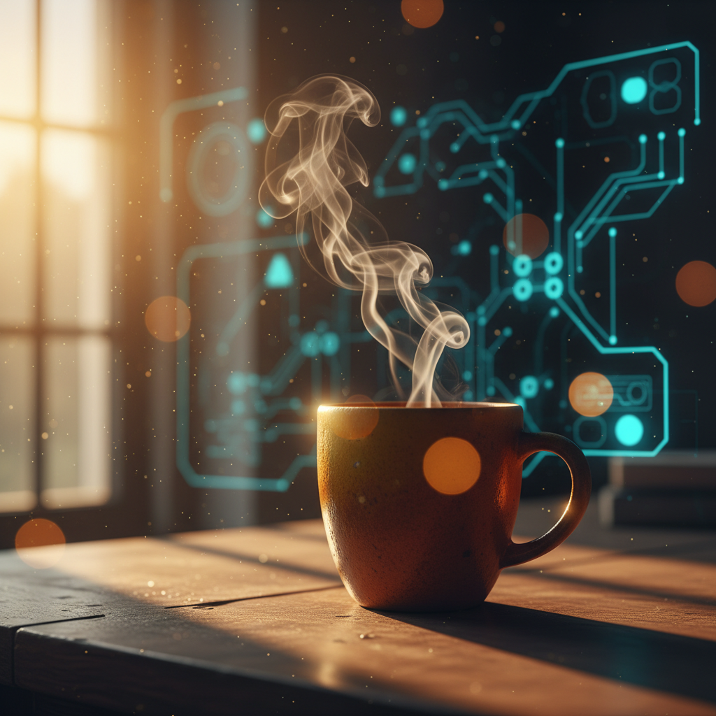 Una taza de café caliente sobre una mesa de madera con un holograma de circuitos digitales de fondo y luz natural entrando por la ventana.