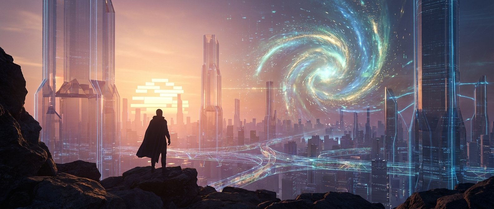 Hombre con capa sobre rocas, observando una metrópolis futurista con rascacielos de cristal, vías luminosas y un gran vórtice cósmico brillante en el cielo del atardecer.