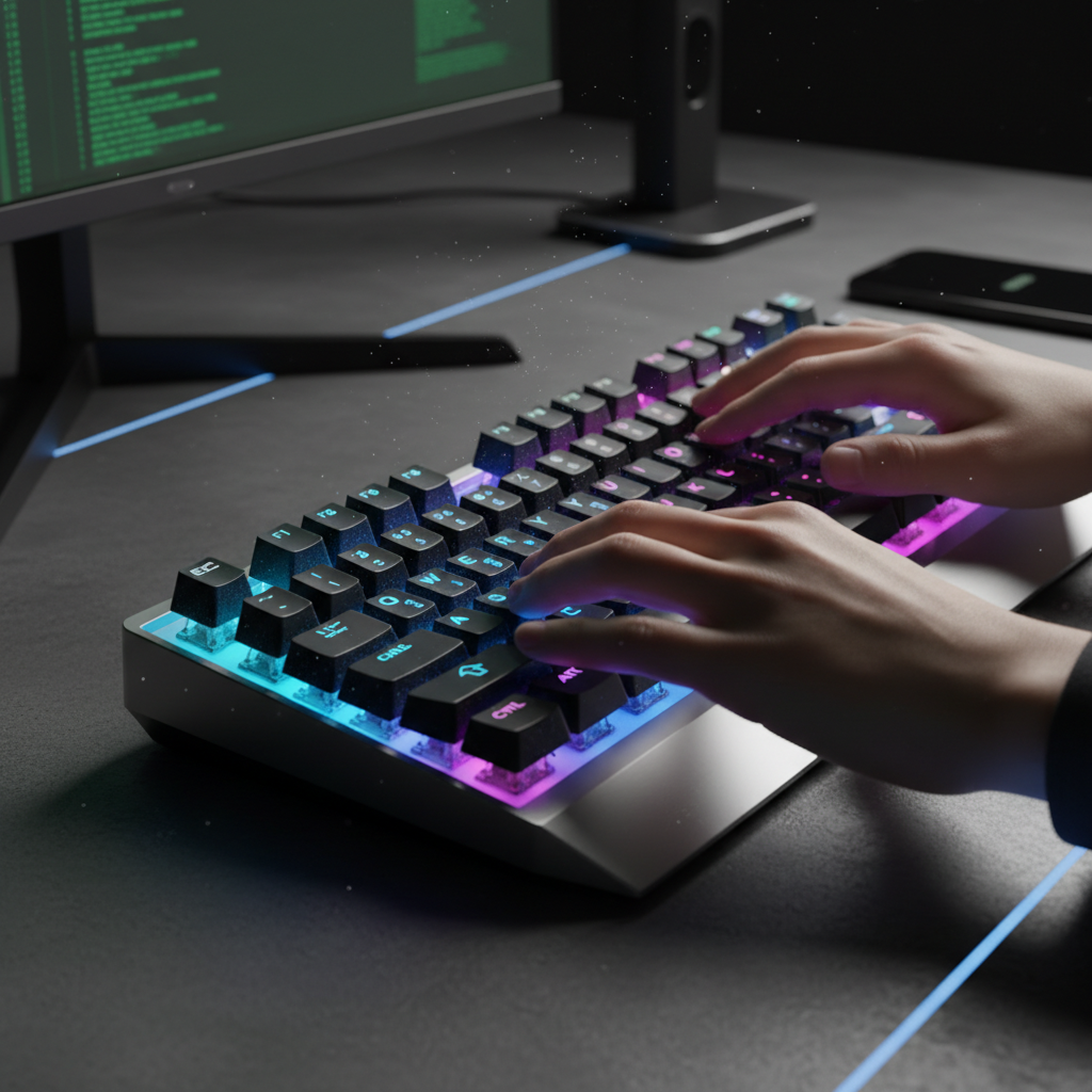 Manos escribiendo en un teclado mecánico retroiluminado con luces LED sobre un escritorio de oficina con código en el monitor.