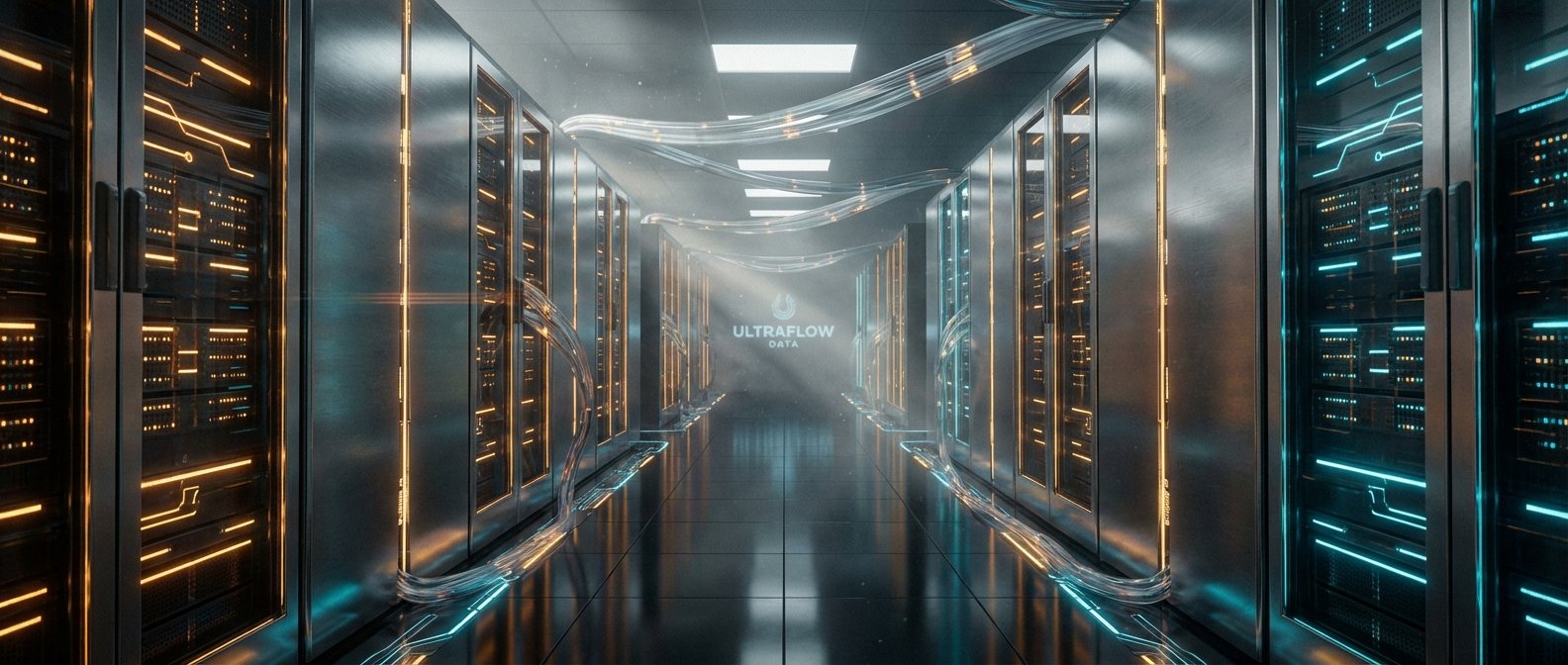 Pasillo de un centro de datos moderno con filas de racks de servidores iluminados en azul y naranja, cables luminosos por el techo y suelo, y el logo de ULTRAFLOW DATA al fondo bajo haces de luz.
