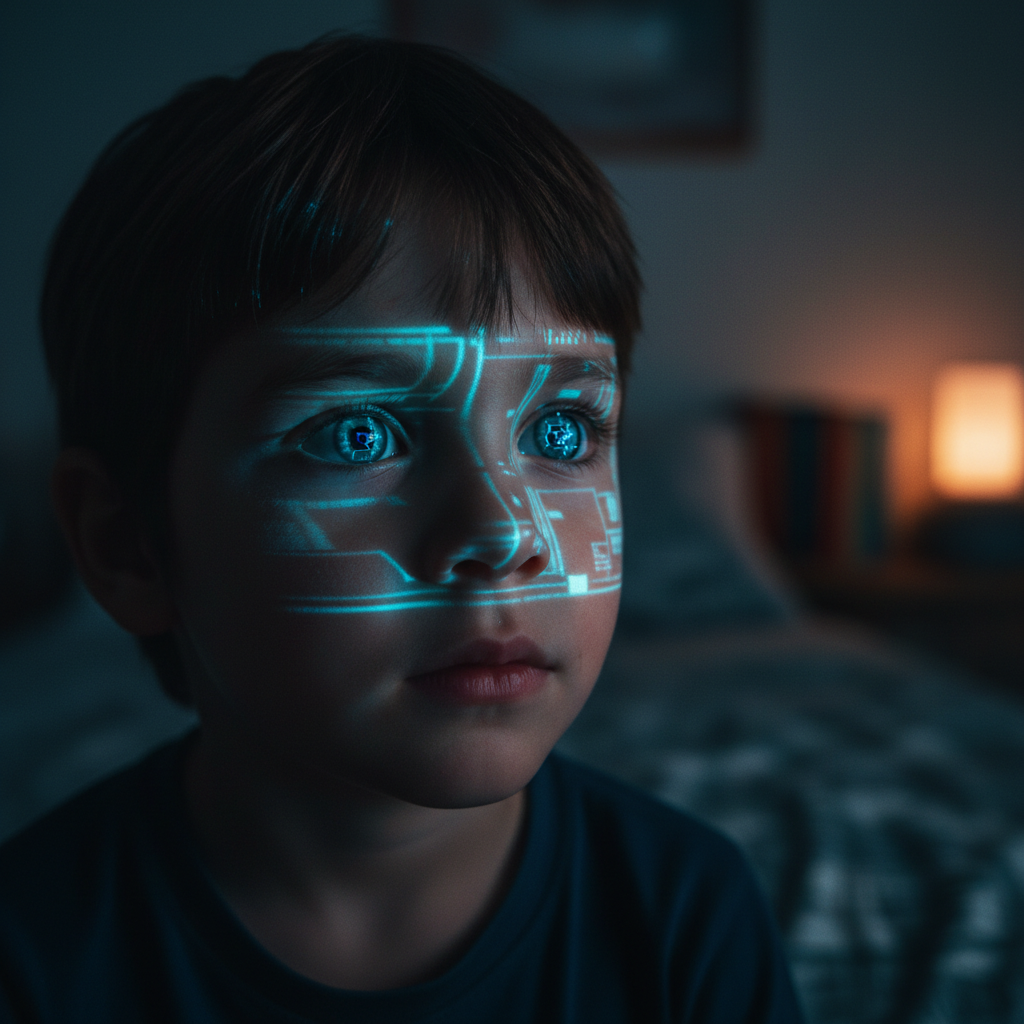 Niño mirando con asombro una proyección holográfica de circuitos digitales sobre su rostro en una habitación oscura.